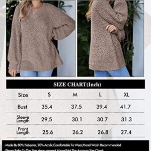 KIRUNDO Women's 2023 Fall Winter Oversized Fuzzy Popcorn Sweaters Trendy V Neck Long Sleeve Cozy Pullover Tunic Tops(X-Large, Khaki)