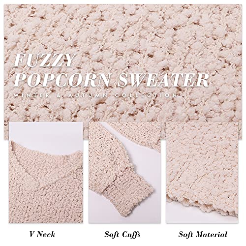 KIRUNDO Women's 2023 Fall Winter Oversized Fuzzy Popcorn Sweaters Trendy V Neck Long Sleeve Cozy Pullover Tunic Tops(X-Large, Khaki)