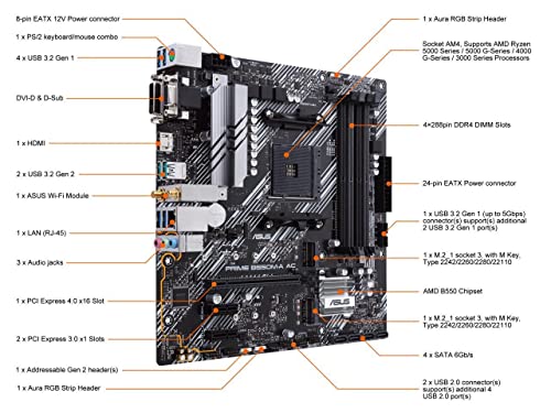 ASUS Prime B550M-A AC AMD AM4 (3rd Gen Ryzen™) Micro ATX Motherboard (PCIe 4.0, WiFi, ECC Memory, 1Gb LAN, HDMI 2.1/D-Sub, 4K@60HZ, Addressable Gen 2 RGB Header and Aura Sync)