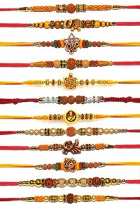 rakhi for brother | rakhi set of 12 for brother | rakhee bracelet on festival of raksha bandhan for brothers | made by fine threads rudraksha kundan multicolored stone and small white beads