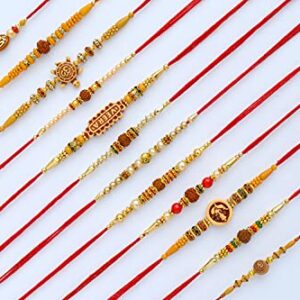 Rakhi for brother | Rakhi Set of 12 for Brother | Rakhee Bracelet on Festival of Raksha Bandhan for Brothers | Made by fine Threads Rudraksha Kundan Multicolored Stone and Small White Beads