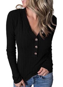 merokeety women's long sleeve v neck ribbed button knit sweater solid color tops black