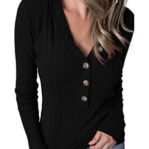 MEROKEETY Women's Long Sleeve V Neck Ribbed Button Knit Sweater Solid Color Tops Black