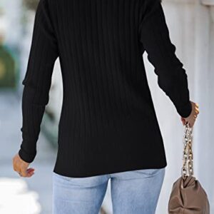 MEROKEETY Women's Long Sleeve V Neck Ribbed Button Knit Sweater Solid Color Tops Black