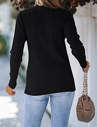 MEROKEETY Women's Long Sleeve V Neck Ribbed Button Knit Sweater Solid Color Tops Black