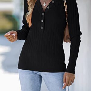 MEROKEETY Women's Long Sleeve V Neck Ribbed Button Knit Sweater Solid Color Tops Black