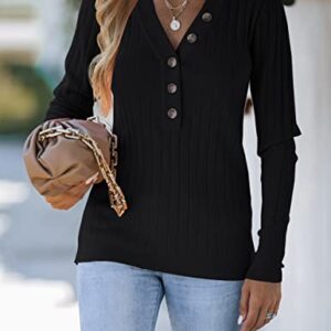 MEROKEETY Women's Long Sleeve V Neck Ribbed Button Knit Sweater Solid Color Tops Black