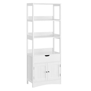 vasagle bathroom storage cabinet, freestanding linen tower, tall bookcase with 3 open shelves, 1 large drawer, 12.8 x 23.6 x 60.6 inches, for entryway, kitchen, study, white ubbc67wt