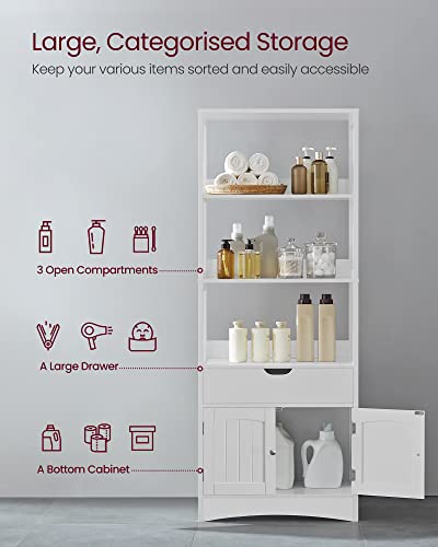 VASAGLE Bathroom Storage Cabinet, Freestanding Linen Tower, Tall Bookcase with 3 Open Shelves, 1 Large Drawer, 12.8 x 23.6 x 60.6 Inches, for Entryway, Kitchen, Study, White UBBC67WT