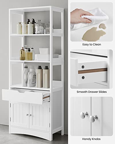 VASAGLE Bathroom Storage Cabinet, Freestanding Linen Tower, Tall Bookcase with 3 Open Shelves, 1 Large Drawer, 12.8 x 23.6 x 60.6 Inches, for Entryway, Kitchen, Study, White UBBC67WT