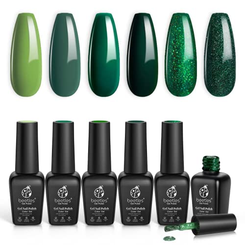 Beetles Carnival Evergreen Gel Nail Polish Set - 6 Pcs Glitter Green Sparkle Kit Soak Off Lamp Avocado Dark Art Design Gifts for Women