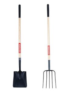 craftsman cmxmkit0070 2-piece long wood handle composting tool set with transfer shovel and 5-tine manure fork, brown