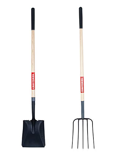 CRAFTSMAN CMXMKIT0070 2-Piece Long Wood Handle Composting Tool Set with Transfer Shovel and 5-Tine Manure Fork, Brown