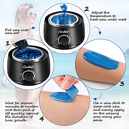 Waxing Kit Wax Warmer Easkep - Wax Kit Hair Removal 6 Adjustable Temperature with 5 Packs Hard Wax Beads and 20 pcs Wooden Applicator Sticks Painless for Legs Face Underarm Bikini Brazilian…