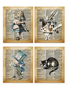 alice in wonderland wall art, 8x10 set of 4 un-framed decor prints. on upcycled vintage style dictionary page. ideal for book lovers, english teachers, librarians and lewis carroll fans