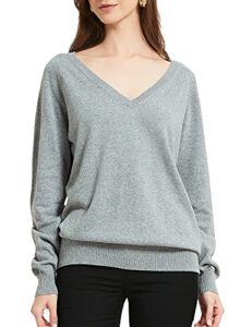 kallspin women's cotton pullover sweater relax fit v neck long sleeve basic fashion knit jumper (large, light grey)