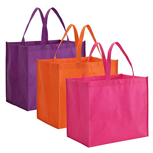 Tosnail 12 Pack Reusable Grocery Shopping Bags, Large Foldable Tote Bags Bulk, Fabric Bags with Long Handle for Shopping Groceries Clothes - Purple, Orange, Pink