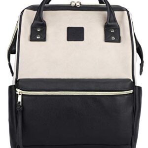 Kah&Kee Leather Backpack Diaper Bag with Laptop Compartment Travel School for Women Man (Beige/Black, Large)