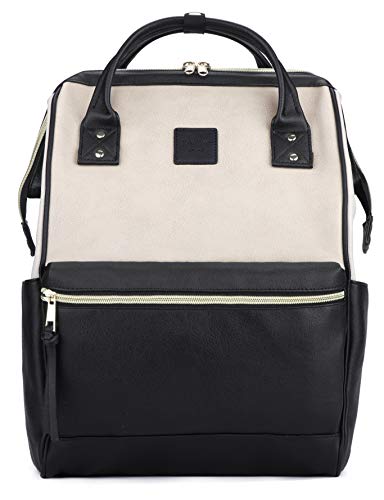 Kah&Kee Leather Backpack Diaper Bag with Laptop Compartment Travel School for Women Man (Beige/Black, Large)