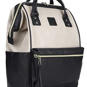 Kah&Kee Leather Backpack Diaper Bag with Laptop Compartment Travel School for Women Man (Beige/Black, Large)