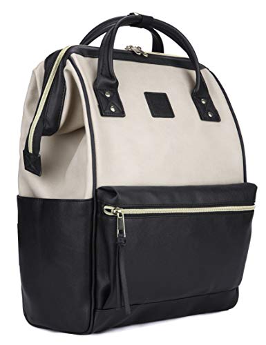 Kah&Kee Leather Backpack Diaper Bag with Laptop Compartment Travel School for Women Man (Beige/Black, Large)