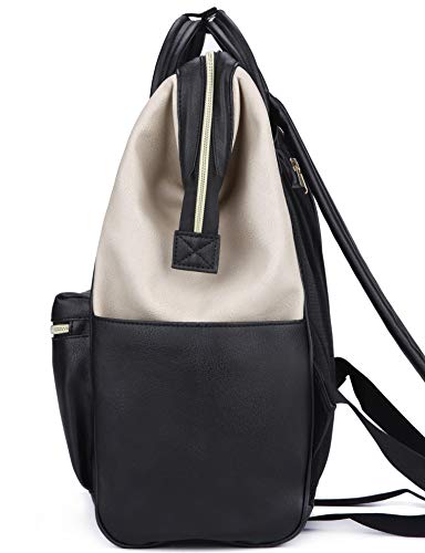 Kah&Kee Leather Backpack Diaper Bag with Laptop Compartment Travel School for Women Man (Beige/Black, Large)