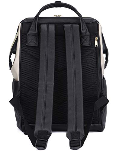 Kah&Kee Leather Backpack Diaper Bag with Laptop Compartment Travel School for Women Man (Beige/Black, Large)