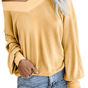 FEIYOUNG Women's Henley Sweater Shirts Slash V Neck Long Sleeve Loose Fit Pullover Tops Knit Tees (XX-Large, Yellow)