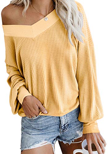 FEIYOUNG Women's Henley Sweater Shirts Slash V Neck Long Sleeve Loose Fit Pullover Tops Knit Tees (XX-Large, Yellow)