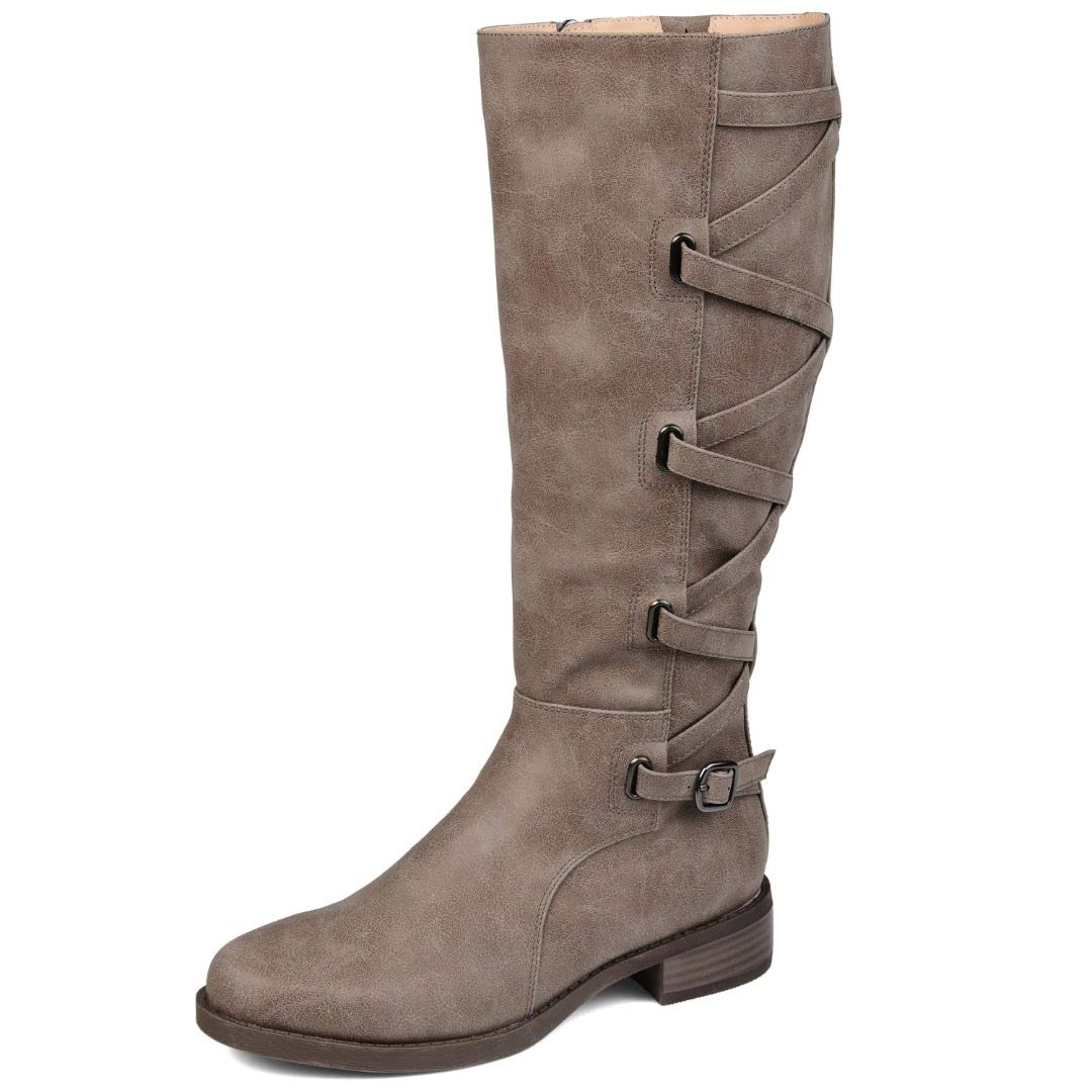 Journee Collection Womens Carly Riding Boot with Almond-Toe and Zig Zag Lace Detail, Taupe, 10