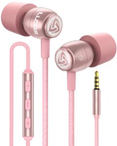 ludos clamor wired earbuds in-ear headphones, 5 years warranty, earphones with microphone, noise isolating ear buds, memory foam for iphone, samsung, school students, kids, women, small ears - pink