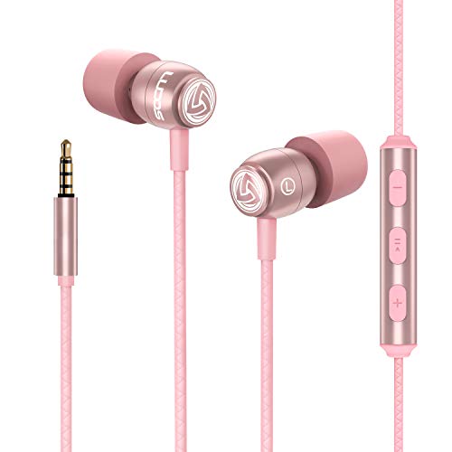 LUDOS Clamor Wired Earbuds in-Ear Headphones, 5 Years Warranty, Earphones with Microphone, Noise Isolating Ear Buds, Memory Foam for iPhone, Samsung, School Students, Kids, Women, Small Ears - Pink