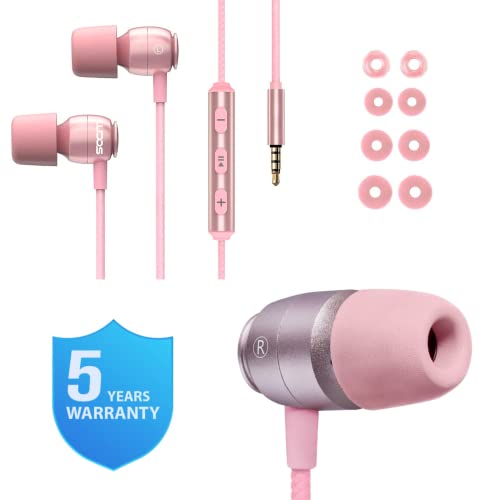 LUDOS Clamor Wired Earbuds in-Ear Headphones, 5 Years Warranty, Earphones with Microphone, Noise Isolating Ear Buds, Memory Foam for iPhone, Samsung, School Students, Kids, Women, Small Ears - Pink