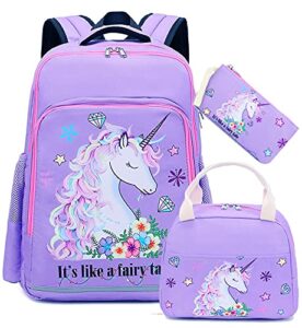 btoop girls backpack kids elementary bookbag girly school bag with insulated lunch tote and pencil pouch (purple -3pcs)