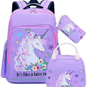 BTOOP Girls Backpack Kids Elementary Bookbag Girly School Bag with Insulated Lunch Tote and Pencil Pouch (Purple -3pcs)