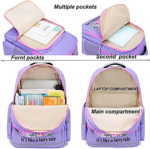 BTOOP Girls Backpack Kids Elementary Bookbag Girly School Bag with Insulated Lunch Tote and Pencil Pouch (Purple -3pcs)