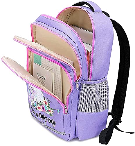 BTOOP Girls Backpack Kids Elementary Bookbag Girly School Bag with Insulated Lunch Tote and Pencil Pouch (Purple -3pcs)