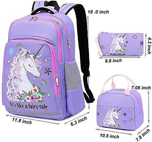 BTOOP Girls Backpack Kids Elementary Bookbag Girly School Bag with Insulated Lunch Tote and Pencil Pouch (Purple -3pcs)