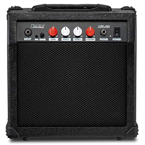 LyxPro Electric Guitar Amp 20 Watt Amplifier Built In Speaker Headphone Jack And Aux Input Includes Gain Bass Treble Volume And Grind - Black