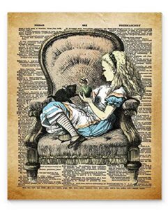 alice in wonderland wall art, 11x14 un framed decor print on upcycled vintage style dictionary page. ideal for book lovers, english teachers, librarians and lewis carroll fans