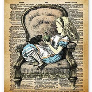 Alice in Wonderland Wall Art, 11x14 Un Framed Decor Print On Upcycled Vintage Style Dictionary Page. Ideal for Book Lovers, English Teachers, Librarians and Lewis Carroll Fans