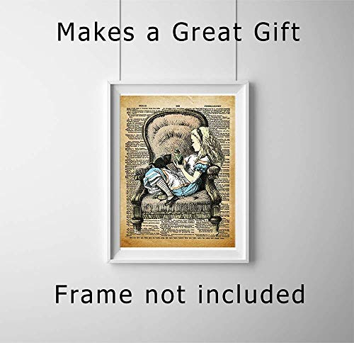 Alice in Wonderland Wall Art, 11x14 Un Framed Decor Print On Upcycled Vintage Style Dictionary Page. Ideal for Book Lovers, English Teachers, Librarians and Lewis Carroll Fans