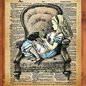 Alice in Wonderland Wall Art, 11x14 Un Framed Decor Print On Upcycled Vintage Style Dictionary Page. Ideal for Book Lovers, English Teachers, Librarians and Lewis Carroll Fans