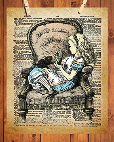 Alice in Wonderland Wall Art, 11x14 Un Framed Decor Print On Upcycled Vintage Style Dictionary Page. Ideal for Book Lovers, English Teachers, Librarians and Lewis Carroll Fans