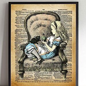 Alice in Wonderland Wall Art, 11x14 Un Framed Decor Print On Upcycled Vintage Style Dictionary Page. Ideal for Book Lovers, English Teachers, Librarians and Lewis Carroll Fans