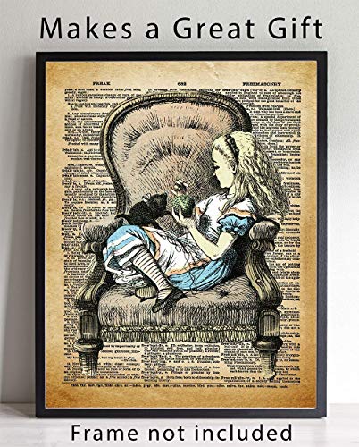 Alice in Wonderland Wall Art, 11x14 Un Framed Decor Print On Upcycled Vintage Style Dictionary Page. Ideal for Book Lovers, English Teachers, Librarians and Lewis Carroll Fans