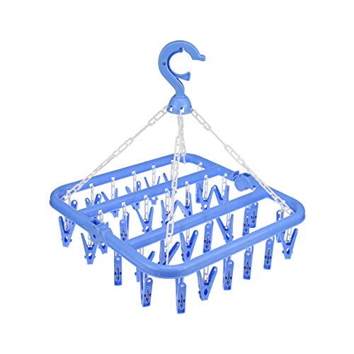 Laundry Hangers with 32 Clips,Clothespin Rack Foldable Laundry Drying Rack Drip Hanger for Drying Socks,Bras,Towel,Underwear,Hat,Scarf,Pants,Baby Clothes,Cloth Diapers,Gloves (Blue)