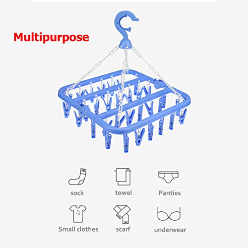 Laundry Hangers with 32 Clips,Clothespin Rack Foldable Laundry Drying Rack Drip Hanger for Drying Socks,Bras,Towel,Underwear,Hat,Scarf,Pants,Baby Clothes,Cloth Diapers,Gloves (Blue)