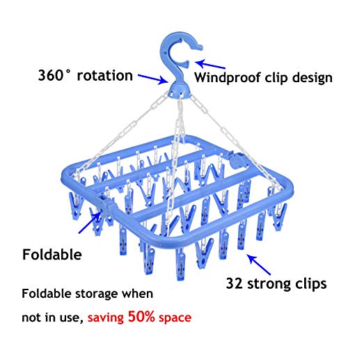 Laundry Hangers with 32 Clips,Clothespin Rack Foldable Laundry Drying Rack Drip Hanger for Drying Socks,Bras,Towel,Underwear,Hat,Scarf,Pants,Baby Clothes,Cloth Diapers,Gloves (Blue)