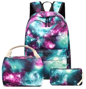 btoop girls school backpack galaxy schoolbag laptop bookbag insulated lunch tote bag purse teens boys kids (green galaxy)